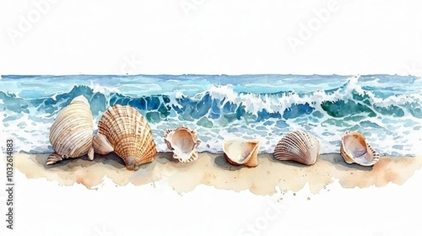 Fototapeta Seashells by the ocean on sandy beach, white isolated background