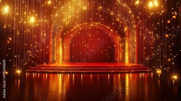 Fototapeta A glamorous stage setup with sparkling lights and a red curtain, ideal for performances.