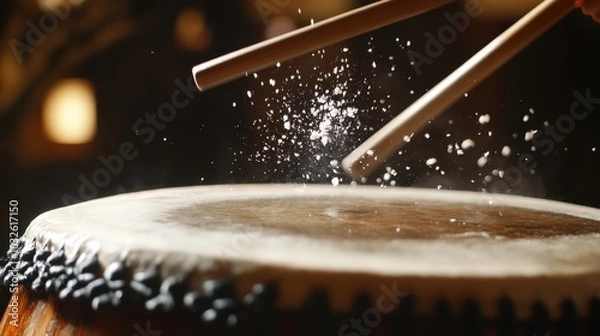 Obraz A close-up of a drumstick striking the surface of a taiko drum, the skin of the drum vibrating with the impact.