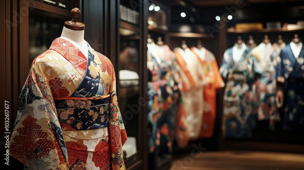 Obraz A shot of the designer presenting the finished kimono to a customer in a showroom filled with mannequins wearing elaborate, hand-stitched kimonos.