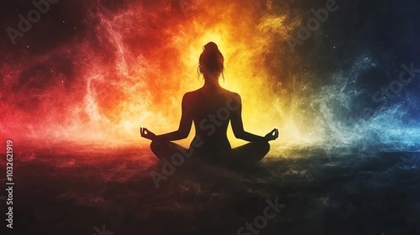 Obraz Silhouette, energy and meditation on colorful background or wallpaper