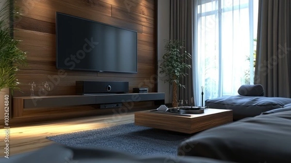 Fototapeta Modern living room interior, TV on the wall