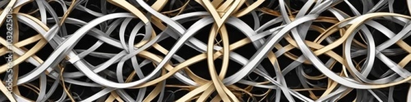 Fototapeta A sophisticated pattern of intertwining gold and silver elements on a dark backdrop, creating a sense of luxurious elegance, Generative AI