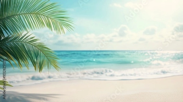 Fototapeta A single palm frond sways gently framing the peaceful ocean waves under a bright sky