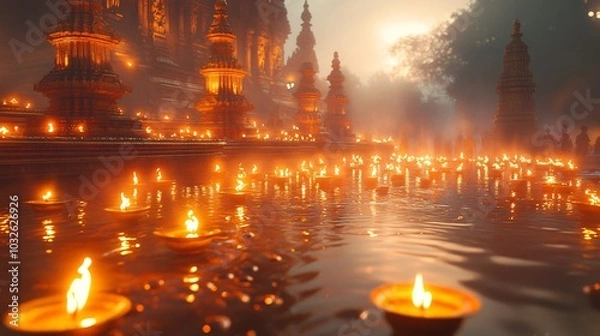 Fototapeta Diwali Indian temple with diyas 