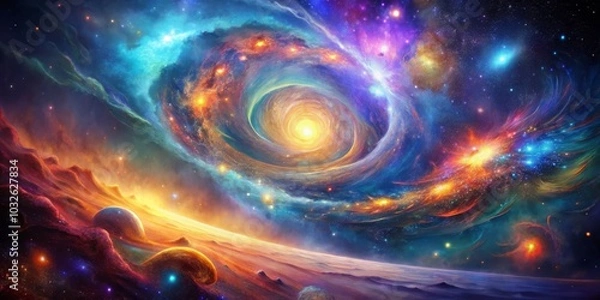 Obraz Enigmatic Cosmic Nebula Swirling Colors and Planetary Harmony in Vast Space - Captivating Science Fiction Art for Wall Decor and Media Projects
