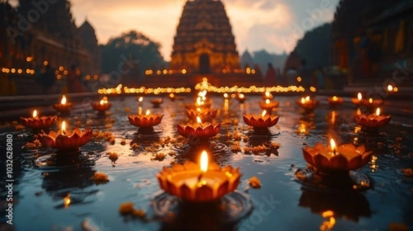Fototapeta Indian temple with diyas and lights for Diwali