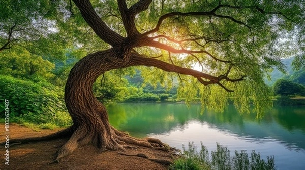 Fototapeta The willow tree arches elegantly casting soothing reflections on the calm ponds surface