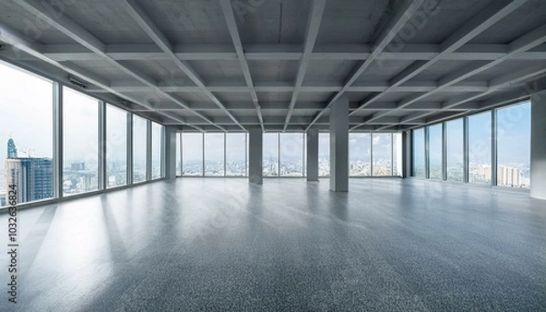 Fototapeta Modern empty spacious concrete office or exhibition hall interior with panoramic windows and city view. 3D Rendering.