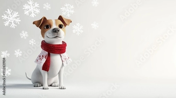 Obraz A cheerful cartoon dog wearing a cozy red scarf sits in a snowy winter landscape with snowflakes falling gently around