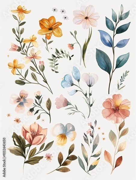 Fototapeta Plants and flowers in a white background. Watercolor wildflowers and leaves illustration set. Botanical leaf, floral, wedding, card, invitation, greeting decoration.