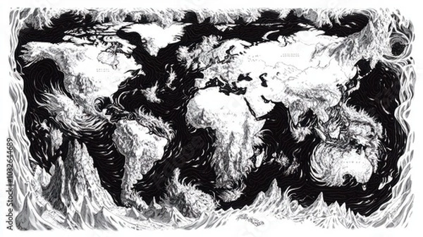 Fototapeta A black and white world map with the continents of Africa, Asia, Europe, and America. The map is drawn in a stylized way, with the continents outlined in black and the oceans in white