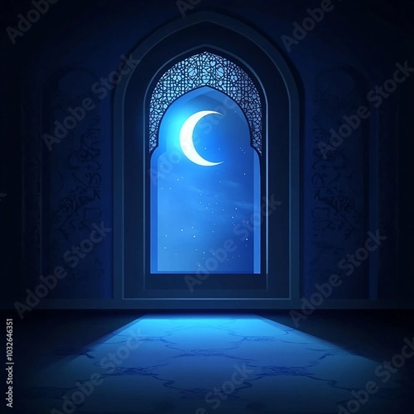 Fototapeta Islamic Realistic background with Moonlight blue shine through the window into a dark room