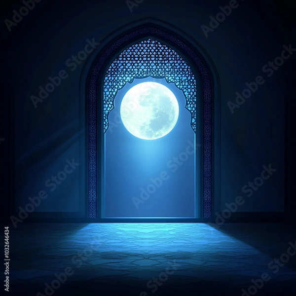 Fototapeta Islamic Realistic background with Moonlight blue shine through the window into a dark room