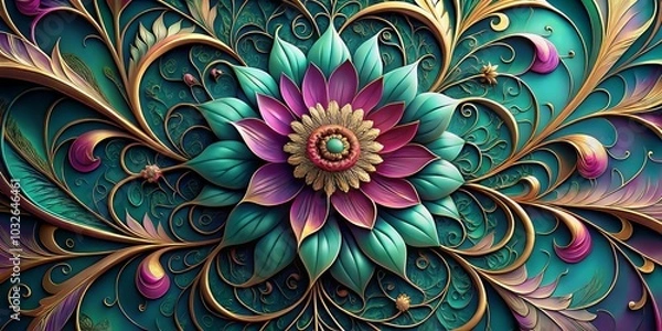 Fototapeta Abstract 3D Floral Design with Golden Filigree, teal, gold, purple, decorative , pattern