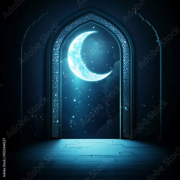 Fototapeta Islamic Realistic background with Moonlight blue shine through the window into a dark room