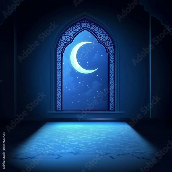 Fototapeta Islamic Realistic background with Moonlight blue shine through the window into a dark room