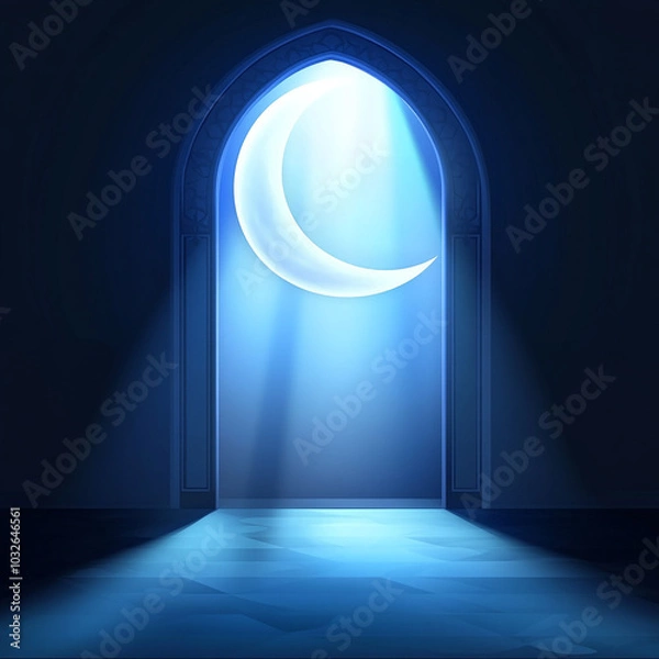 Fototapeta Islamic Realistic background with Moonlight blue shine through the window into a dark room