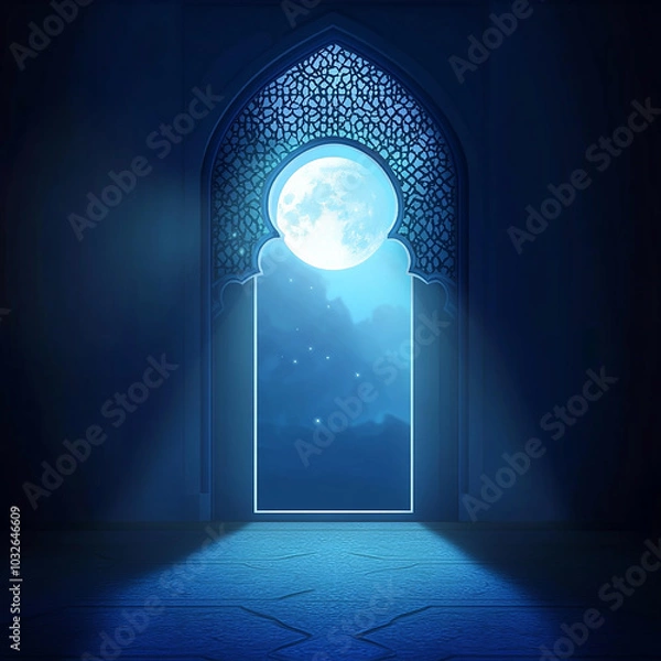 Fototapeta Islamic Realistic background with Moonlight blue shine through the window into a dark room