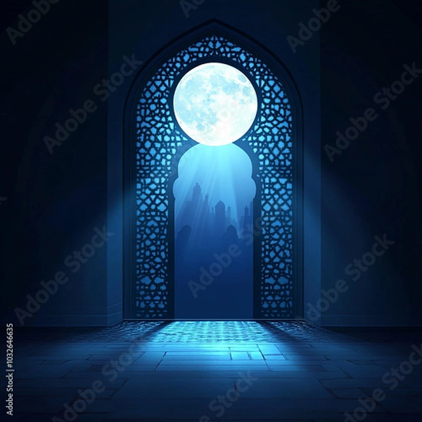 Fototapeta Islamic Realistic background with Moonlight blue shine through the window into a dark room