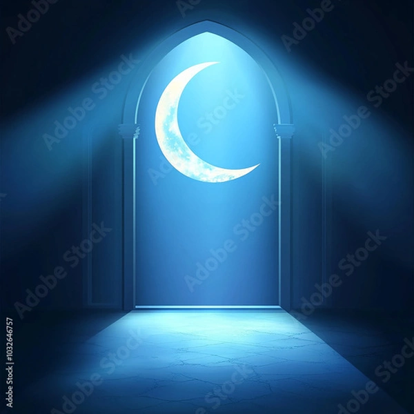 Fototapeta Islamic Realistic background with Moonlight blue shine through the window into a dark room