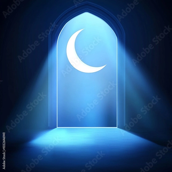 Fototapeta Islamic Realistic background with Moonlight blue shine through the window into a dark room