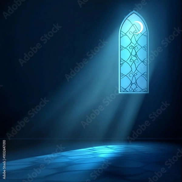 Fototapeta Islamic Realistic background with Moonlight blue shine through the window into a dark room