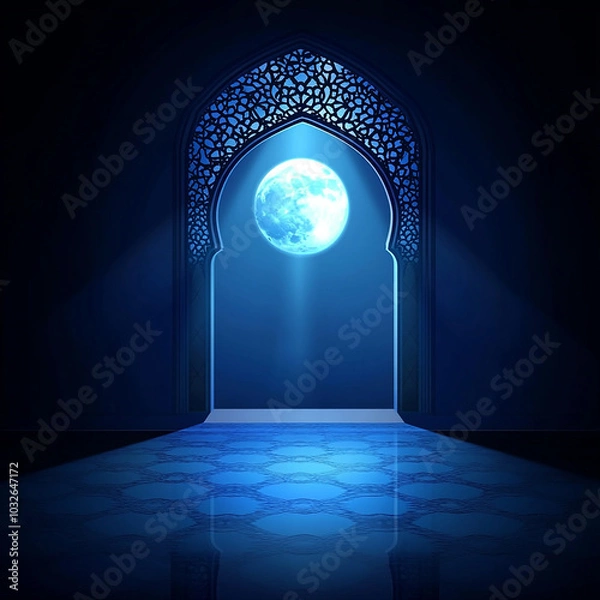 Fototapeta Islamic Realistic background with Moonlight blue shine through the window into a dark room