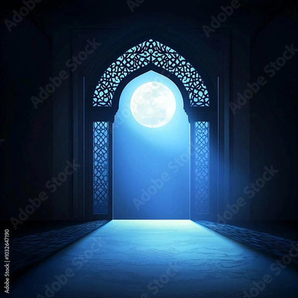 Fototapeta Islamic Realistic background with Moonlight blue shine through the window into a dark room