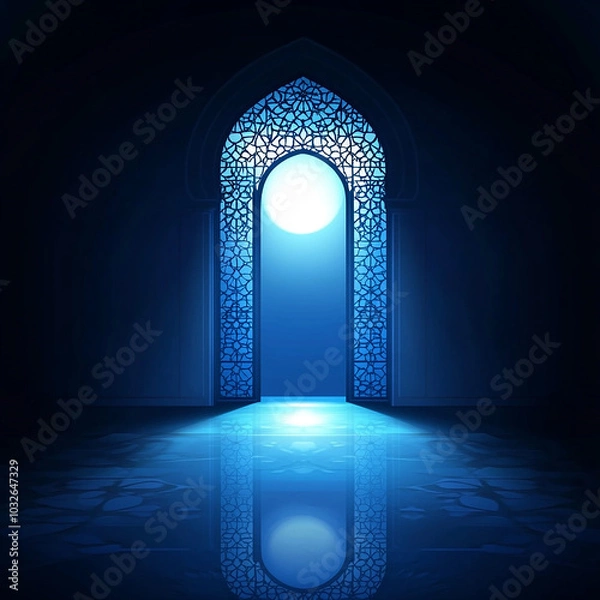 Fototapeta Islamic Realistic background with Moonlight blue shine through the window into a dark room