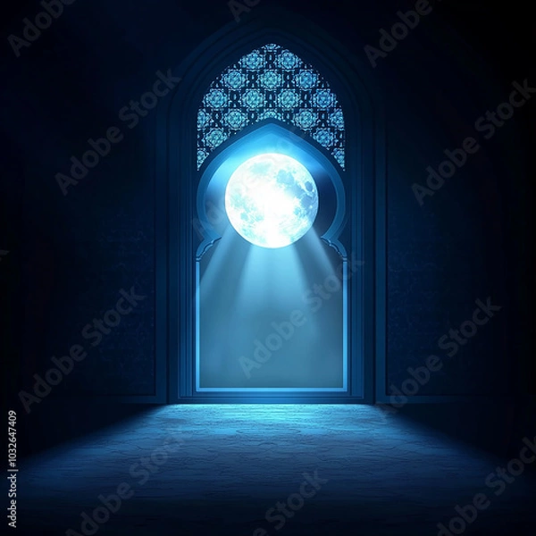 Fototapeta Islamic Realistic background with Moonlight blue shine through the window into a dark room