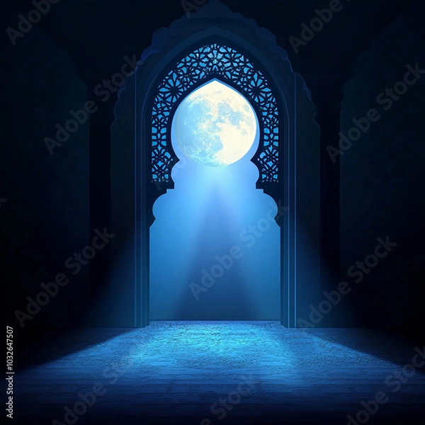 Fototapeta Islamic Realistic background with Moonlight blue shine through the window into a dark room