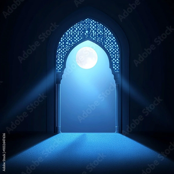 Fototapeta Islamic Realistic background with Moonlight blue shine through the window into a dark room