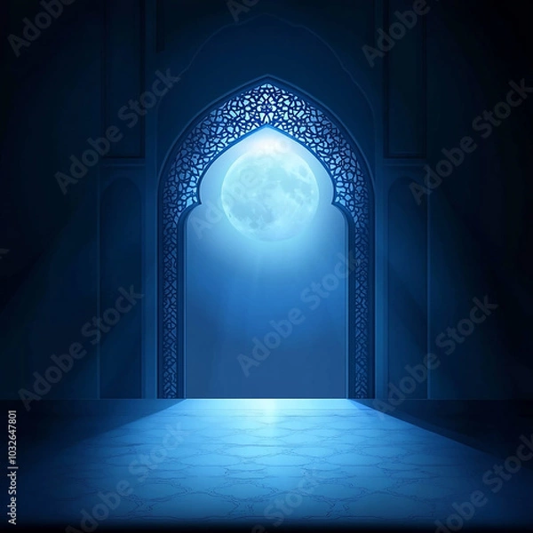 Fototapeta Islamic Realistic background with Moonlight blue shine through the window into a dark room