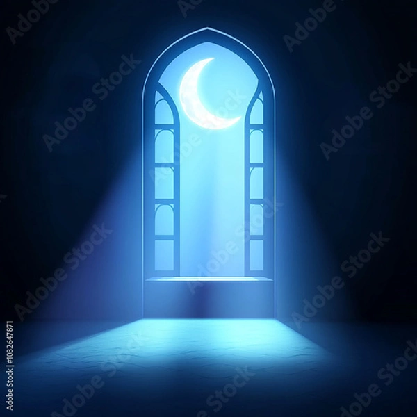 Fototapeta Islamic Realistic background with Moonlight blue shine through the window into a dark room