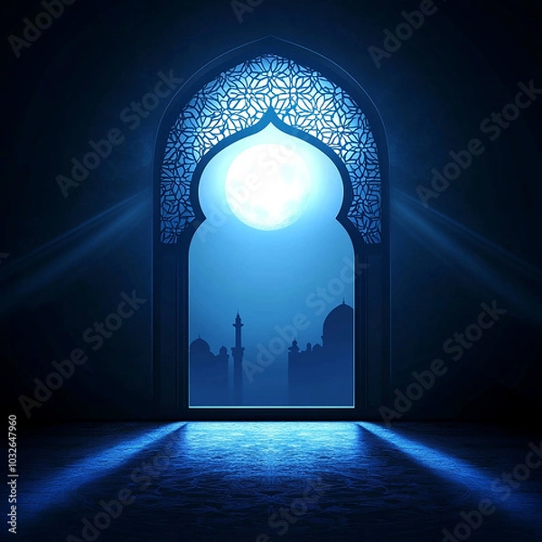 Fototapeta Islamic Realistic background with Moonlight blue shine through the window into a dark room