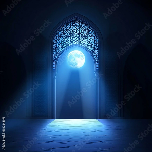 Fototapeta Islamic Realistic background with Moonlight blue shine through the window into a dark room