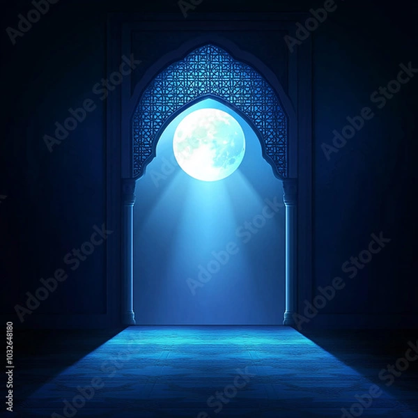 Fototapeta Islamic Realistic background with Moonlight blue shine through the window into a dark room