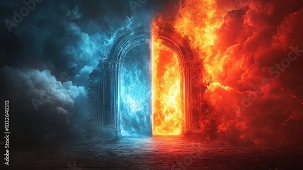 Fototapeta Heaven paradise and fiery hell gates choice. Door to heaven and hell 