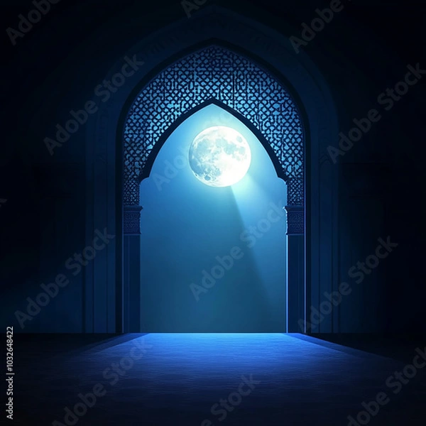Fototapeta Islamic Realistic background with Moonlight blue shine through the window into a dark room