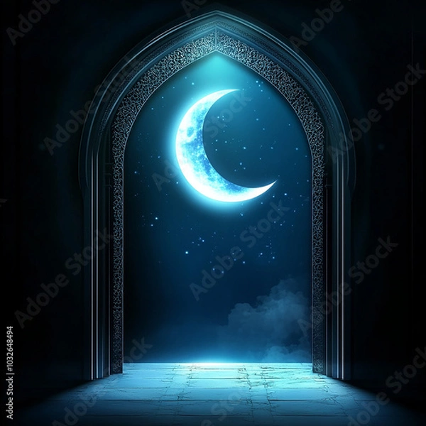 Fototapeta Islamic Realistic background with Moonlight blue shine through the window into a dark room