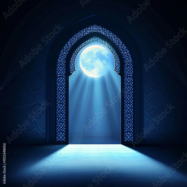 Fototapeta Islamic Realistic background with Moonlight blue shine through the window into a dark room