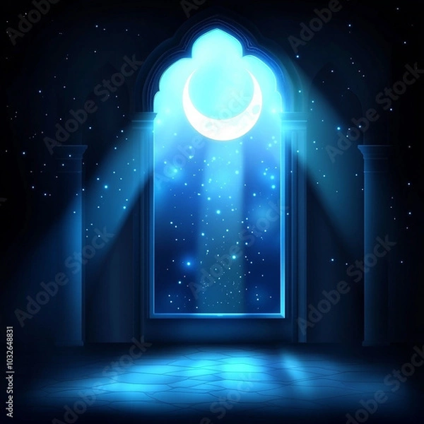 Fototapeta Islamic Realistic background with Moonlight blue shine through the window into a dark room