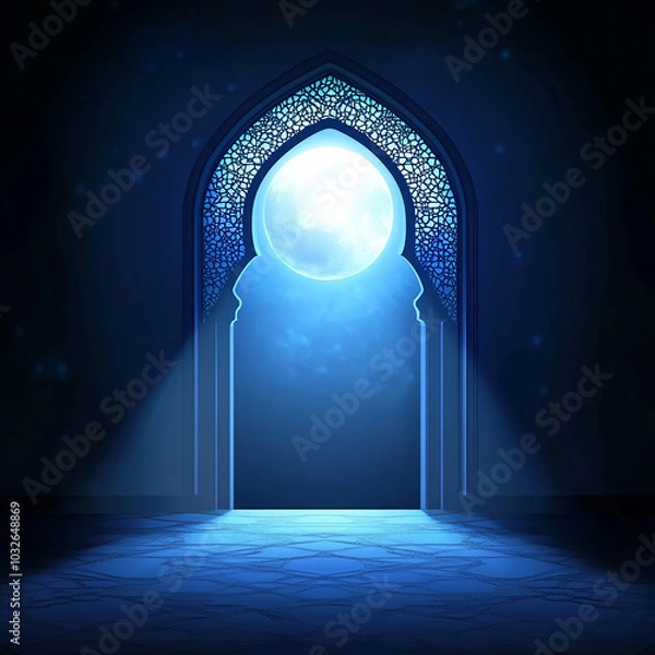 Fototapeta Islamic Realistic background with Moonlight blue shine through the window into a dark room