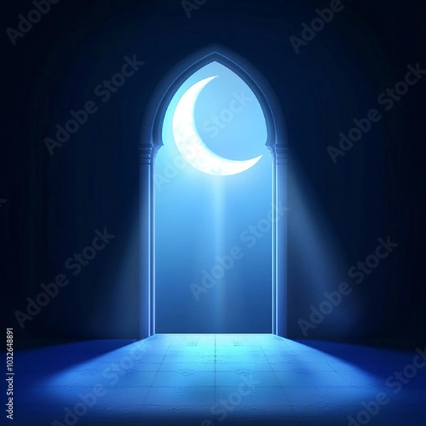 Fototapeta Islamic Realistic background with Moonlight blue shine through the window into a dark room