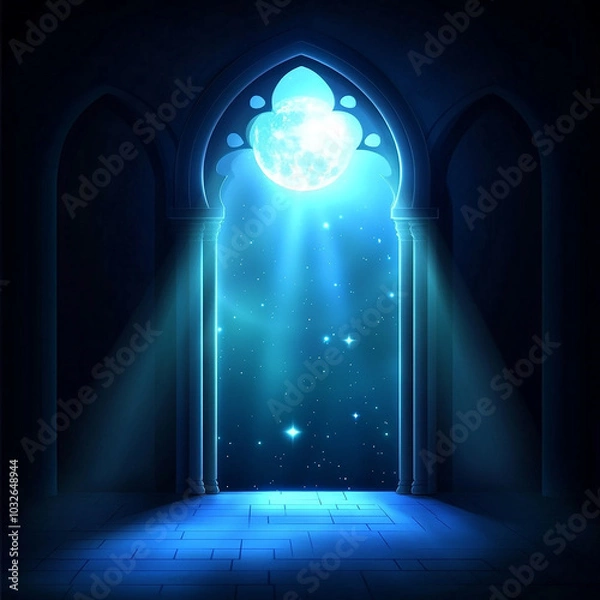 Fototapeta Islamic Realistic background with Moonlight blue shine through the window into a dark room