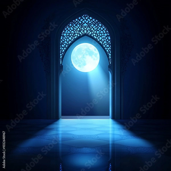 Fototapeta Islamic Realistic background with Moonlight blue shine through the window into a dark room
