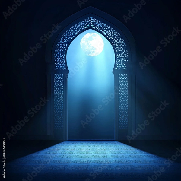 Fototapeta Islamic Realistic background with Moonlight blue shine through the window into a dark room