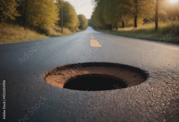 Fototapeta A hole in the asphalt on the road in the middle of the forest