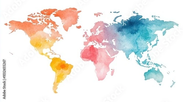Obraz Colorful watercolor world map on white background.